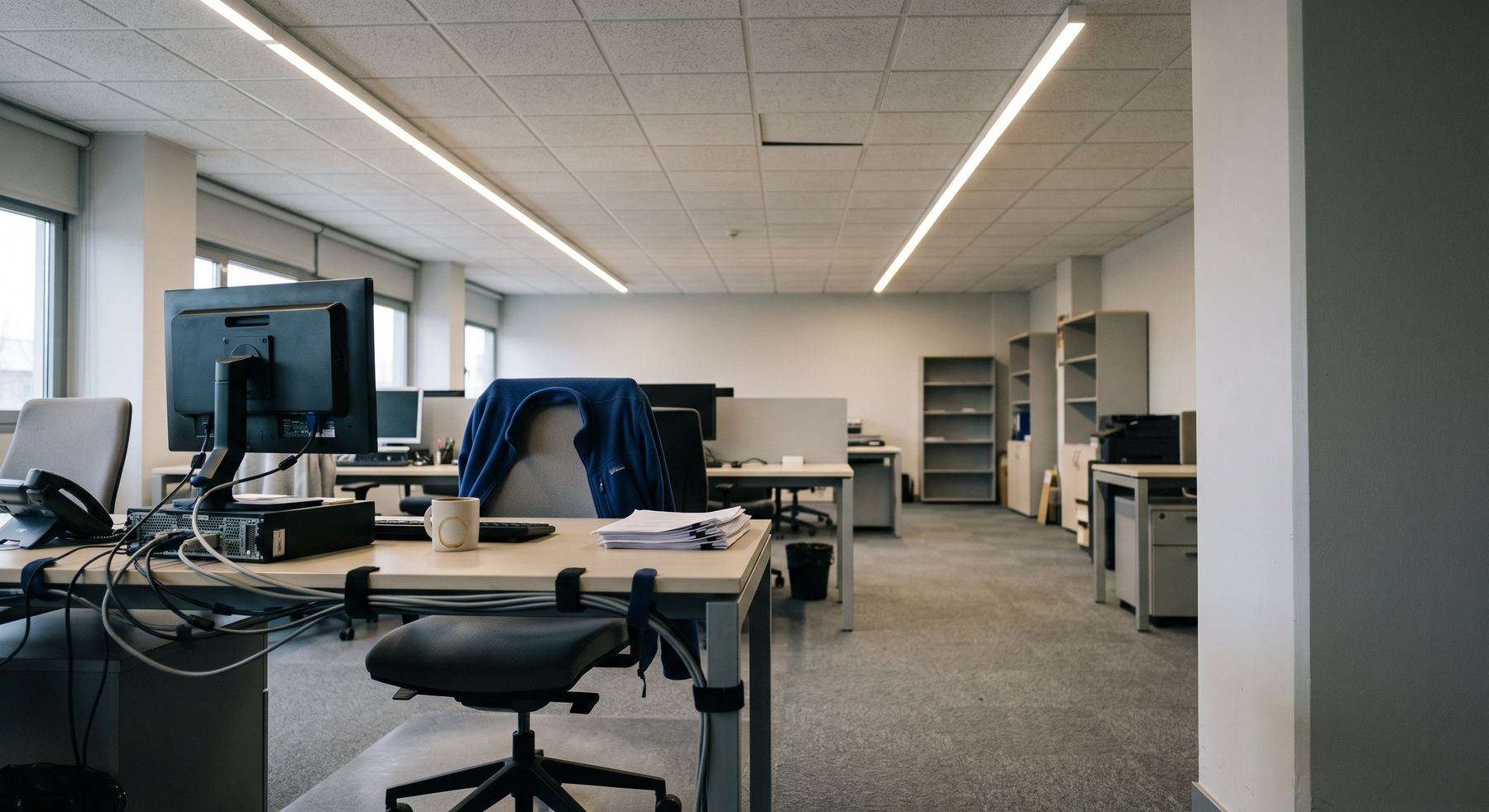 Planta de oficinas con el alumbrado lineal LED encendido y el falso techo a la vista