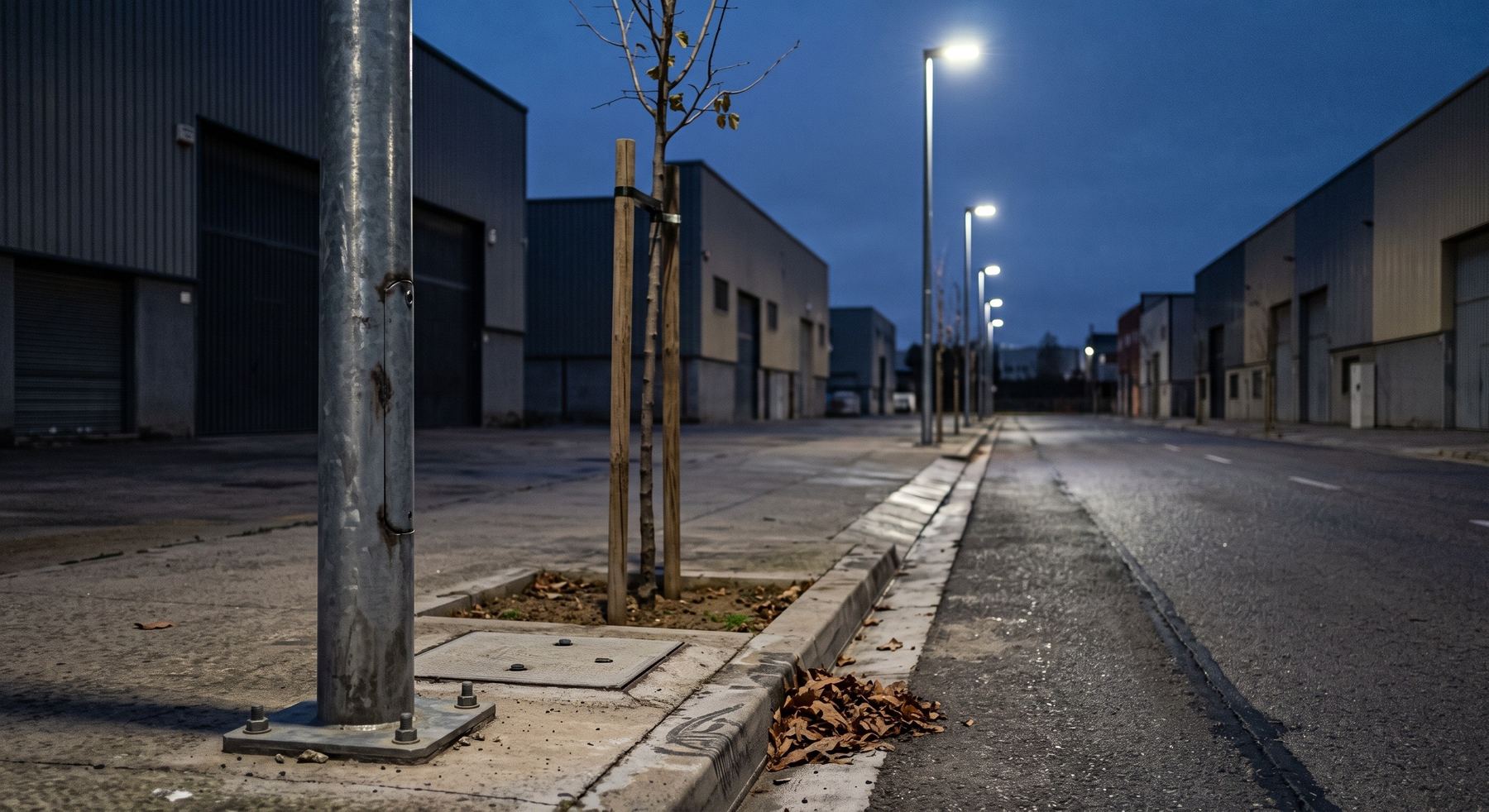 Calle de polígono al anochecer con las luminarias LED encendidas y el poste con su registro a pie de acera