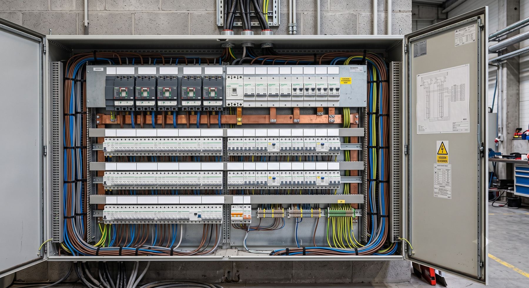 Cuadro general de distribución de baja tensión abierto, con las filas de interruptores y el cableado peinado